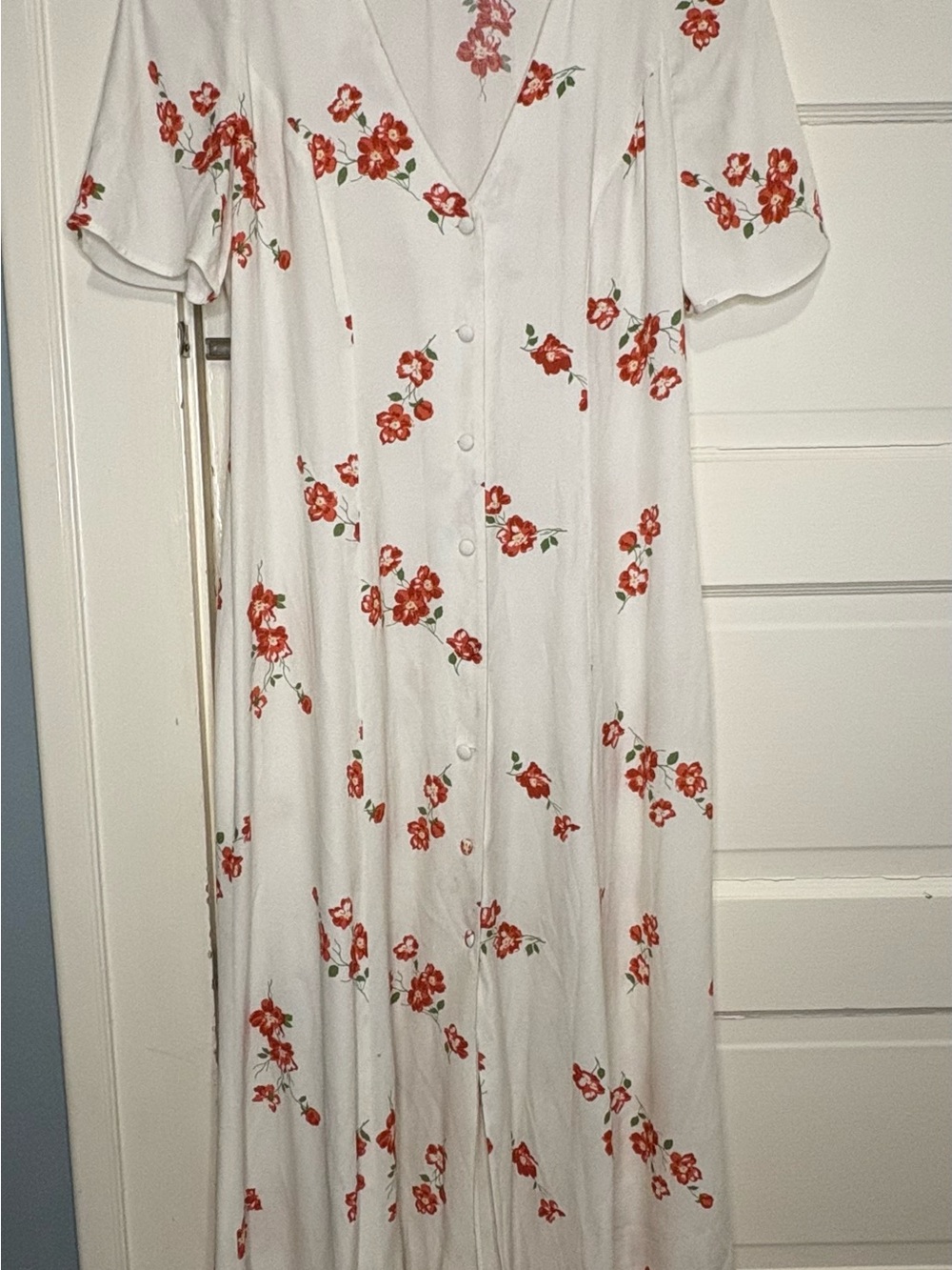 Reformation Cream Floral V-Neck Button Dress with Red Blooms